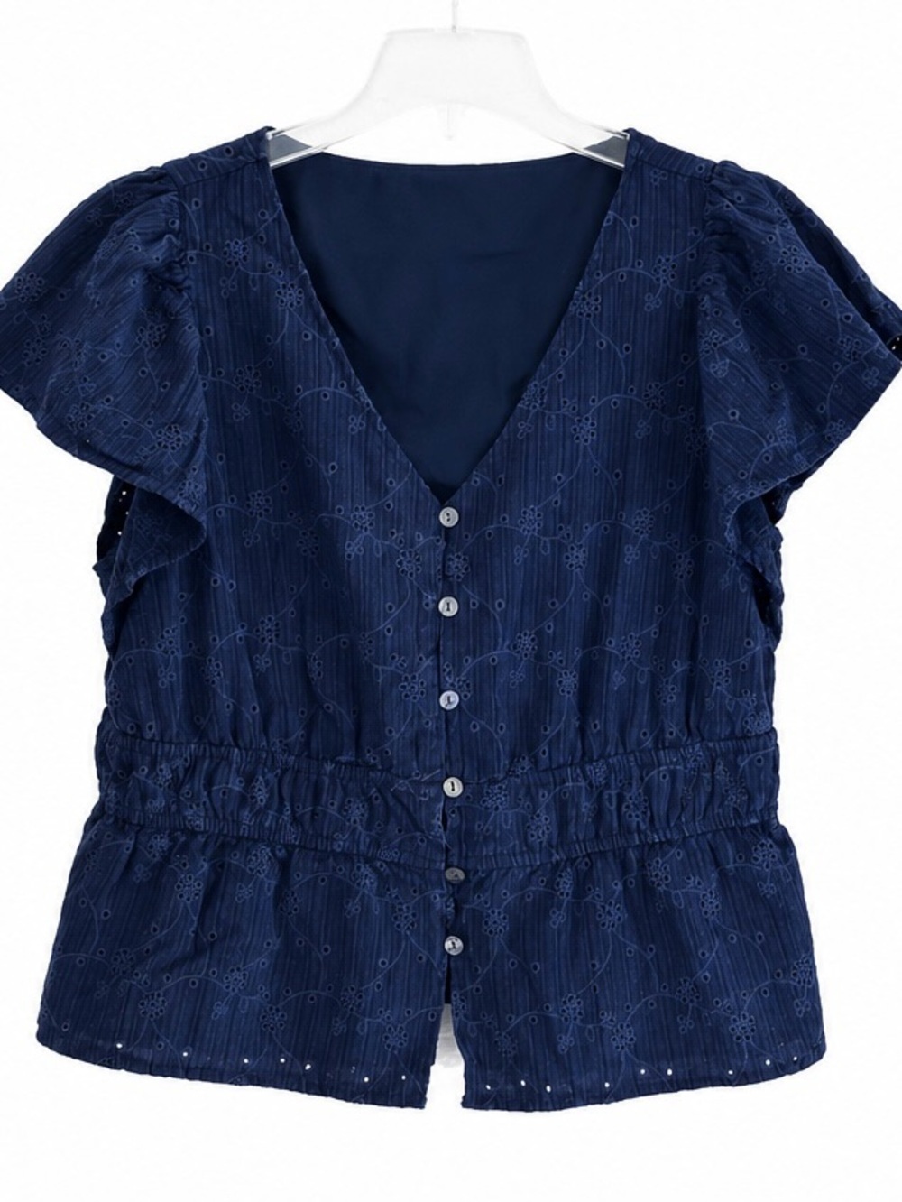 Time and Tru Navy Button-Front Peplum V-Neck Blouse